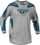 Fly Racing Kinetic Mesh Sym Jersey Grey/Blue XL – Breathable Dirt Bike Jersey with Tagless Collar and Extended Tail